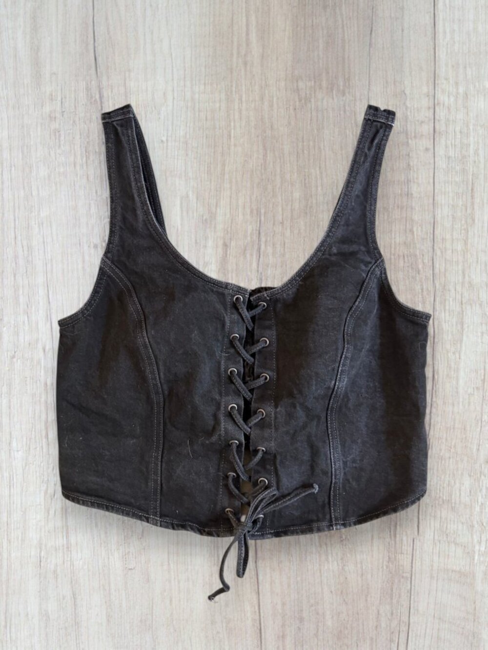 Levi's x Barbie Ferreira Lace Up Corset Top Black Denim Smocked Back 1XL XXL